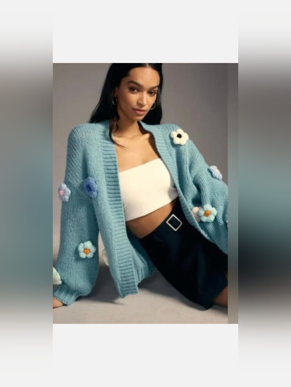 Maeve By Anthropologie Blue Floral Appliqué Open-Front Women's Cardigan Sweater
